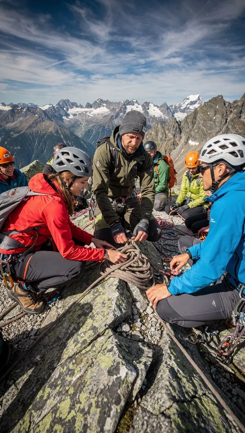 Ein erfahrener Trainer zeigt den Teilnehmern die richtige Handhabung von Kletterseilen während eines Online-Kurses.