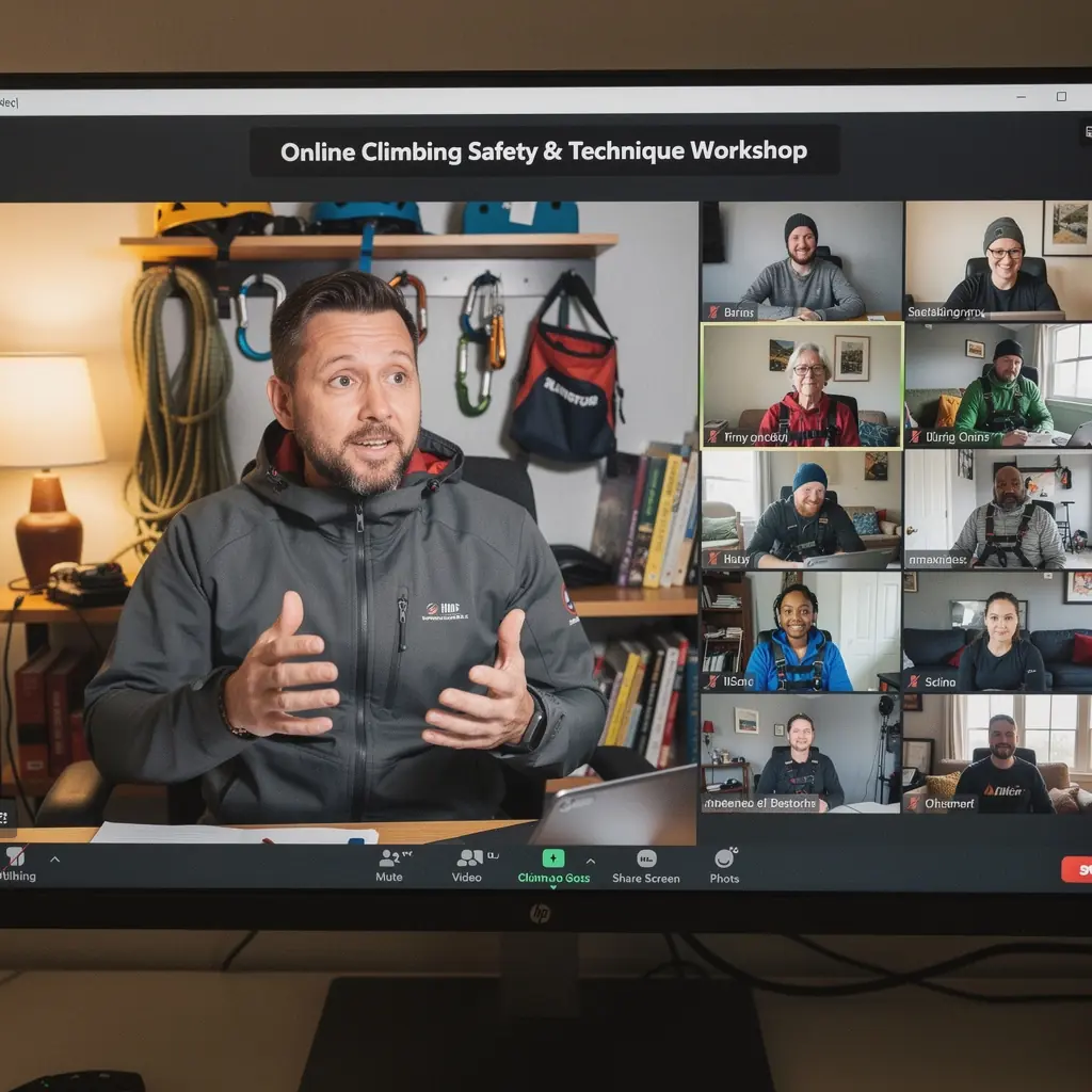 Ein erfahrener Trainer zeigt den Teilnehmern die richtige Handhabung von Kletterseilen während eines Online-Kurses.