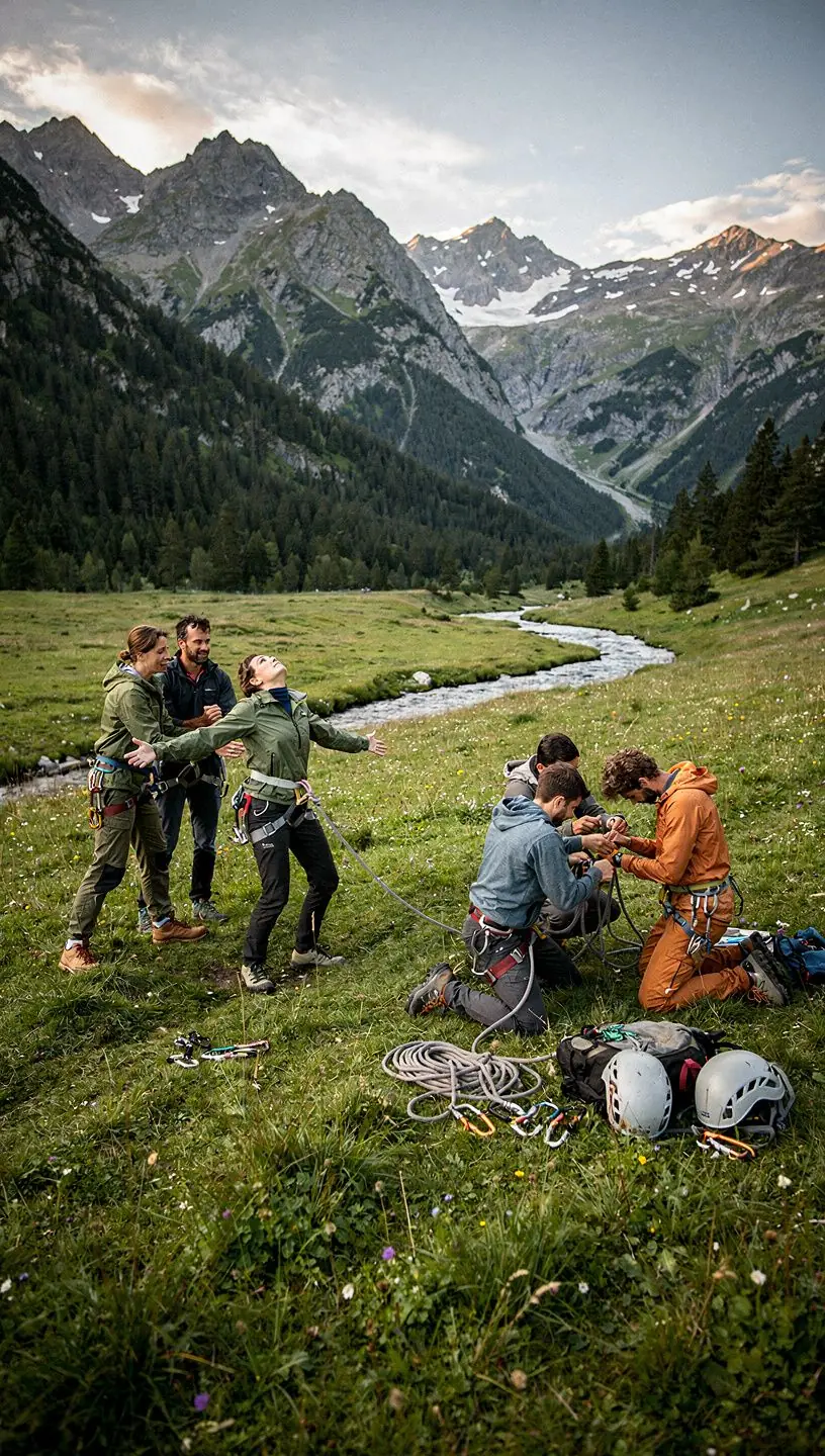 Ein erfahrener Trainer zeigt den Teilnehmern die richtige Handhabung von Kletterseilen während eines Online-Kurses.