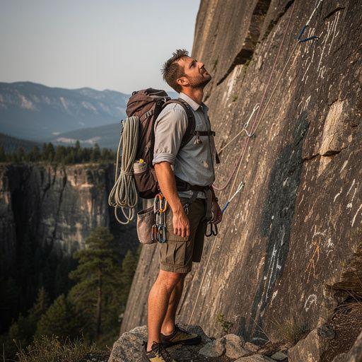 Ein Bergsteiger, der an einem steilen Hang mit einer Sicherheitsausrüstung arbeitet.